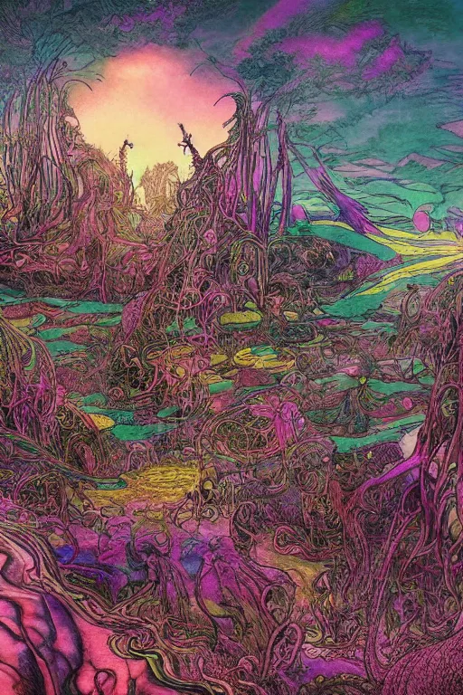 Prompt: stampede through a psychedelic landscape, in the style of Greg Broadmore and Arthur Rackham and Moebius, trending on artstation, light lighting side view,digital art,surrealism ,macro,blueprint ,vaporwave ,