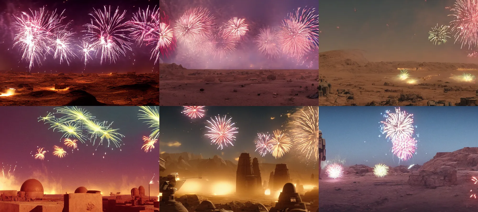 Prompt: fireworks over mos eisley, cinematic