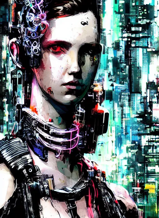 Image similar to Portrait of cyberpunk cyborg Millie Bobby Brown by Yoji Shinkawa