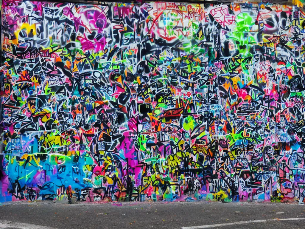 Prompt: photo of black cathedral covered in colorful graffiti