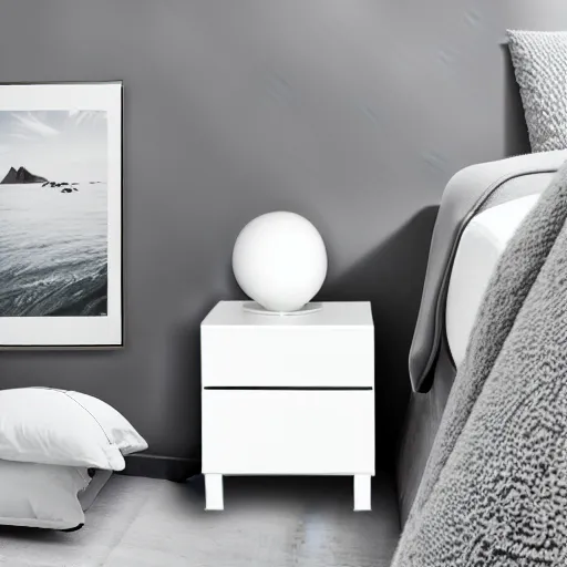 Image similar to white zen clean modern minimalist bedside table, softly lit, cool, clean, bright, spiritual vibes