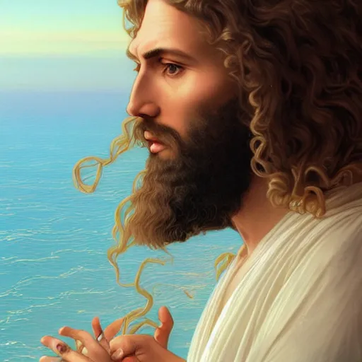 Prompt: an extremely detailed illuminated manuscript of a ridiculously good looking jesus that looks like a jewish gigachad with his 1 2 apostle entourage, long curly hair, elegant ancient greek dress, very detailed, windy beach, beautiful, intricate, cinematic, artstation, william bouguereau, alphonse mucha, greg rutkowski, rossdraws, octane render