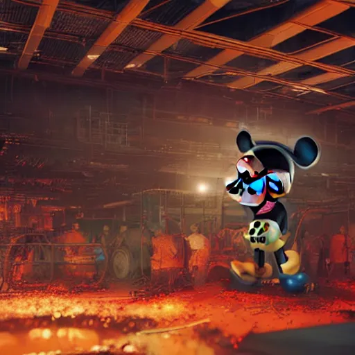 Image similar to a giant mickey mouse head, factory floor, surrounded by factory workers, octane render, cgstation, 3 d render, very detailed, mindblowing, blood and guts, gritty, cyberpunk, cinematic lighting, hyper realism, netflix logo