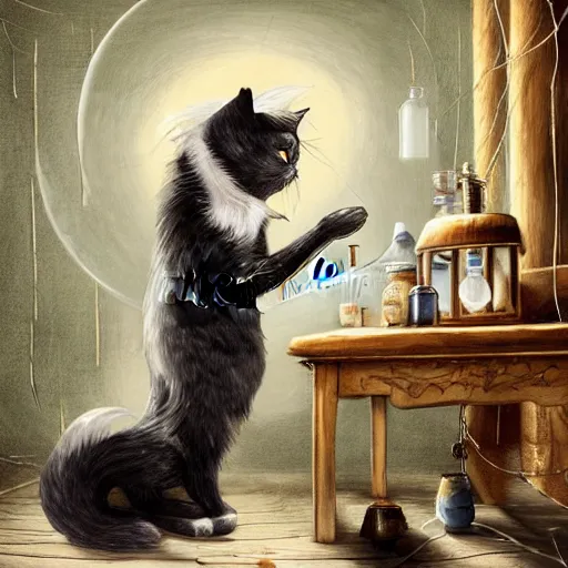 Prompt: a full body beautifull witch with white hair in an old room. A mistic cristal ball on a wood table with a potions and old instruments. A cat on the floor licking his paw. in a fantasy style paiting