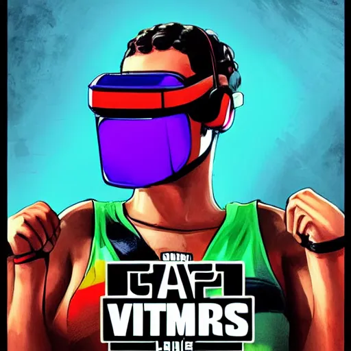 Prompt: cinematic poster art of wrestlers wearing vr headsets, gta cover, apex legends, tap out, halo, fortnite, ufc, digital illustration by basil gogos