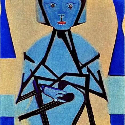 Image similar to “1950’s art deco ‘alien’, female, piet mondrian, midnight palette”