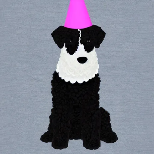 Image similar to black bernadoodle with a white chest wearing a birthday hat