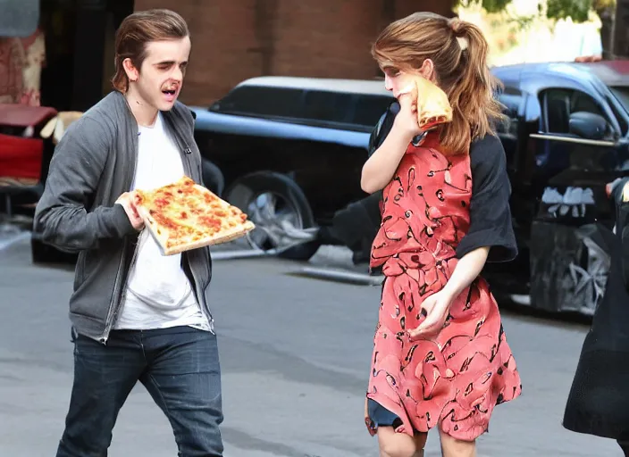 Image similar to emma watson eats a juicy pizza