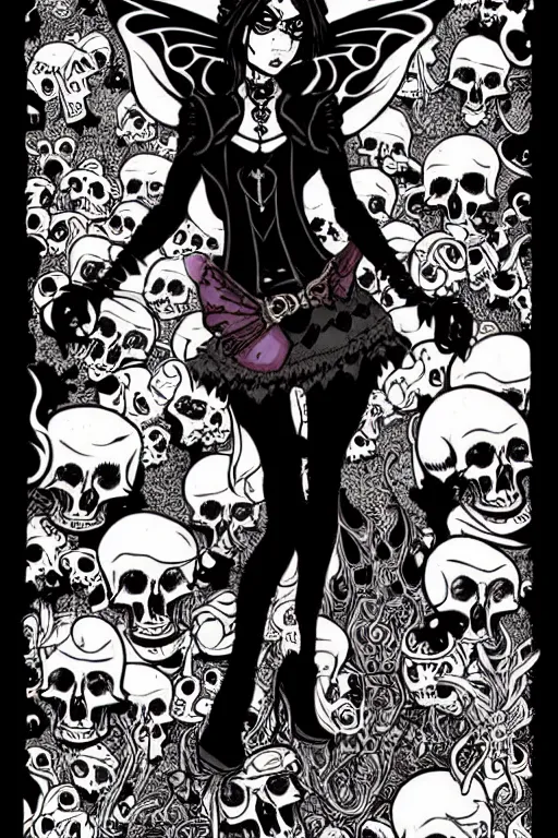 Image similar to fantasy comic style full body portrait of a gothic fairy surrounded by skulls and mushrooms, in the style of wendy pini and Æon Flux, intricate, fine inking lines, extremely detailed, flat colors