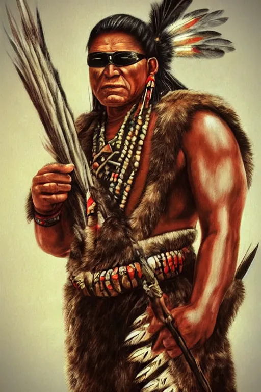 Image similar to Photo of Native American indian man Duke Nukem, portrait, skilled warrior of the Apache, ancient, realistic, detailed, Duke Nukem