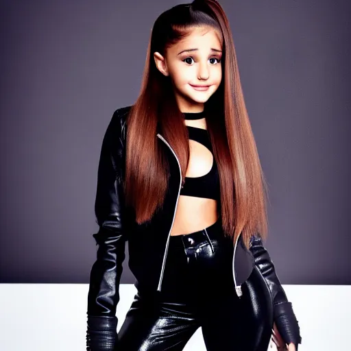 Prompt: young ariana grande wears leather jacket and boots, full body, high quality face, high quality hair, 8k hd, sharp focus, centered, photo taken by nikon