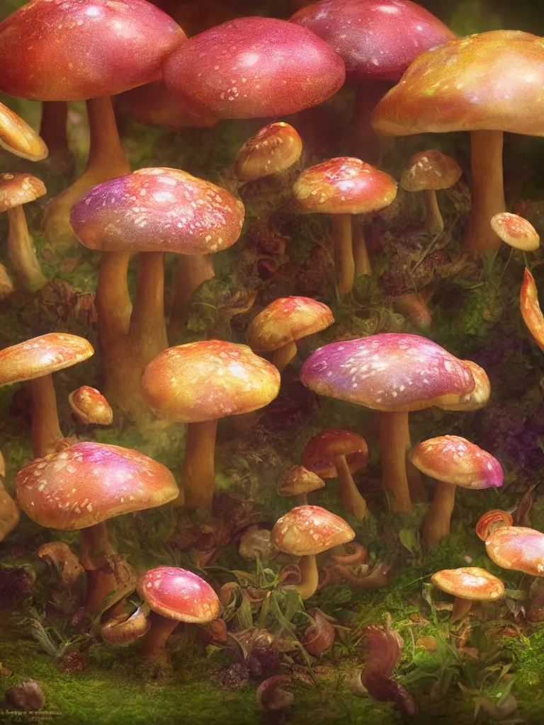 Image similar to a psychedelic engine creates mushrooms while fairy's dance in delight, by brian froud, octane render, 8 k, beautifully lit