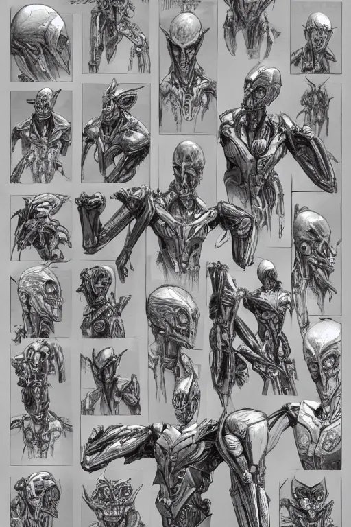 Image similar to arcee transfomers with gunmetal grey skin, medical anatomy, very symmetrical face, highly detailed, mecha, three - perspective / three - view reference sheet ( front / back / side ), in the style of dan ouellette, hr giger, sil from species, dren from splice, biomechanical, artstation, unreal engine