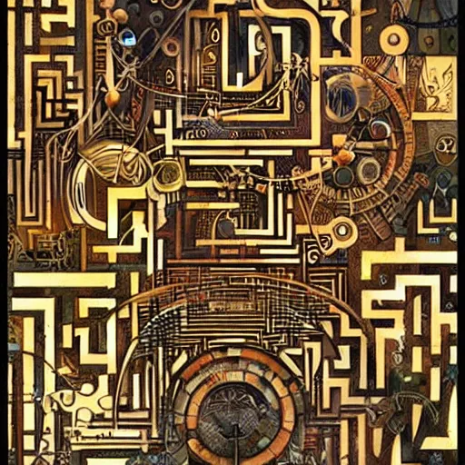 Image similar to amazing maze labyrinth steampunk style by albert gleizes and by hilma klint, hd, artstation, alive colors