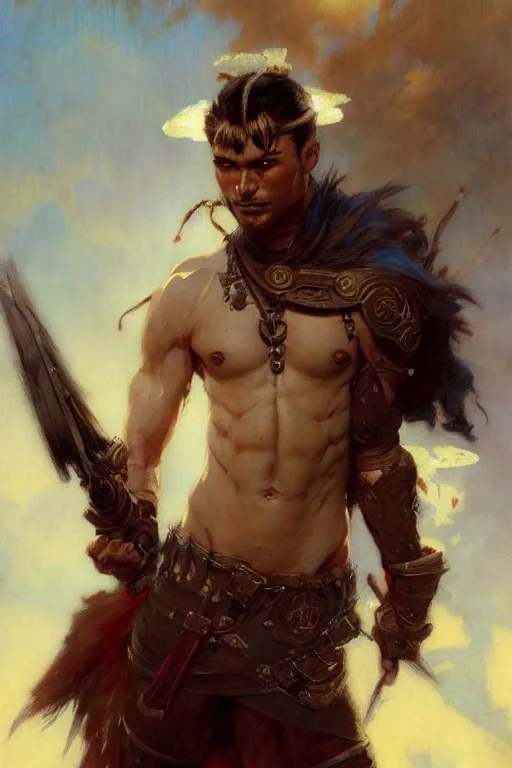 Image similar to warrior, attractive male, character design, painting by gaston bussiere, greg rutkowski, katsuya terada, frank frazetta, tom of finland, trending on artstation