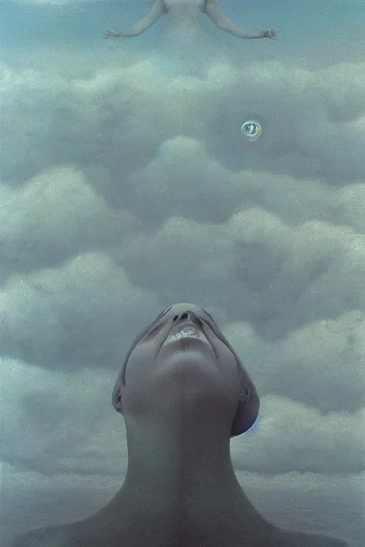 Image similar to zdzisław beksinski oil painting. women floating in the sky, disturbing, unsettling, intricate, beautiful