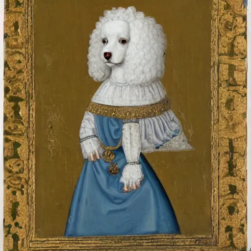 Prompt: portrait of a white poodle as an italian noblewoman, italo - byzantine era 9 0 0 ce