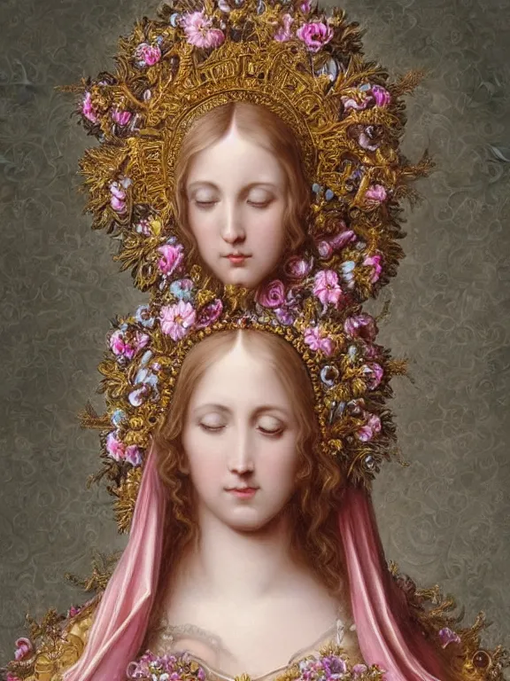 Prompt: a beautiful portrait render of baroque catholic virgin mary sculpture who wearing dramatic headdress with An intricate fractal of flowers and star,by Billelis and aaron horkey and Jean-Baptiste Greuzeand and peter gric and Franz Xaver Winterhalter,Artstation,pinterest,jewelry,porcelain,gold,pink,pearlescent,maximalist