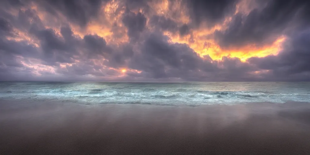 Image similar to Beautiful beach, by Dante Alighieri, by Zdzisław Beksiński, wide angle, dramatic light, ultra realistic, HDR, extremely moody lighting, 8K