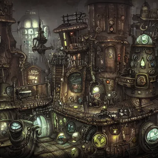 Image similar to machinarium city, steampunk style, fantasy style, super high detail, super high quality, talented artist, trending on artstation