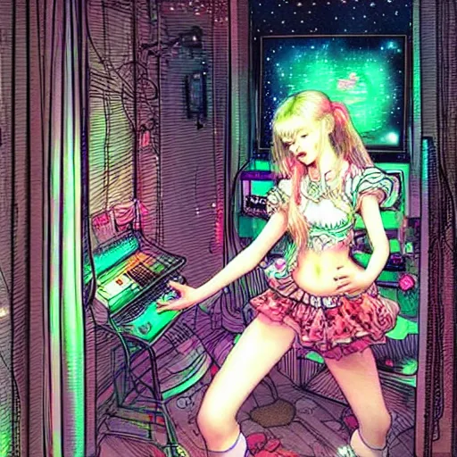 Prompt: cute girl wearing a white girl dancing joyfully in her bedroom at night, cyberpunk lighting, illustrated by ayami kojima