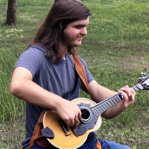 Image similar to a photo of a young man with long hair playing mandolin in the wilderness