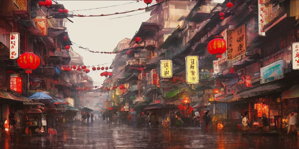 Image similar to a quiet petaling street in chinatown, kuala lumpur, rainy day, matte painting, studio ghibli, artstation