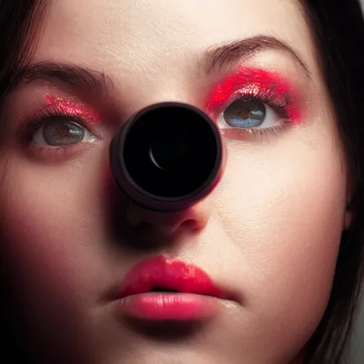 Image similar to photo of young woman, close up, with a cyberpunk camera over right eye with led lights, robotic implants over face with small led lights, white background, fine art photography in the style of Bill Henson