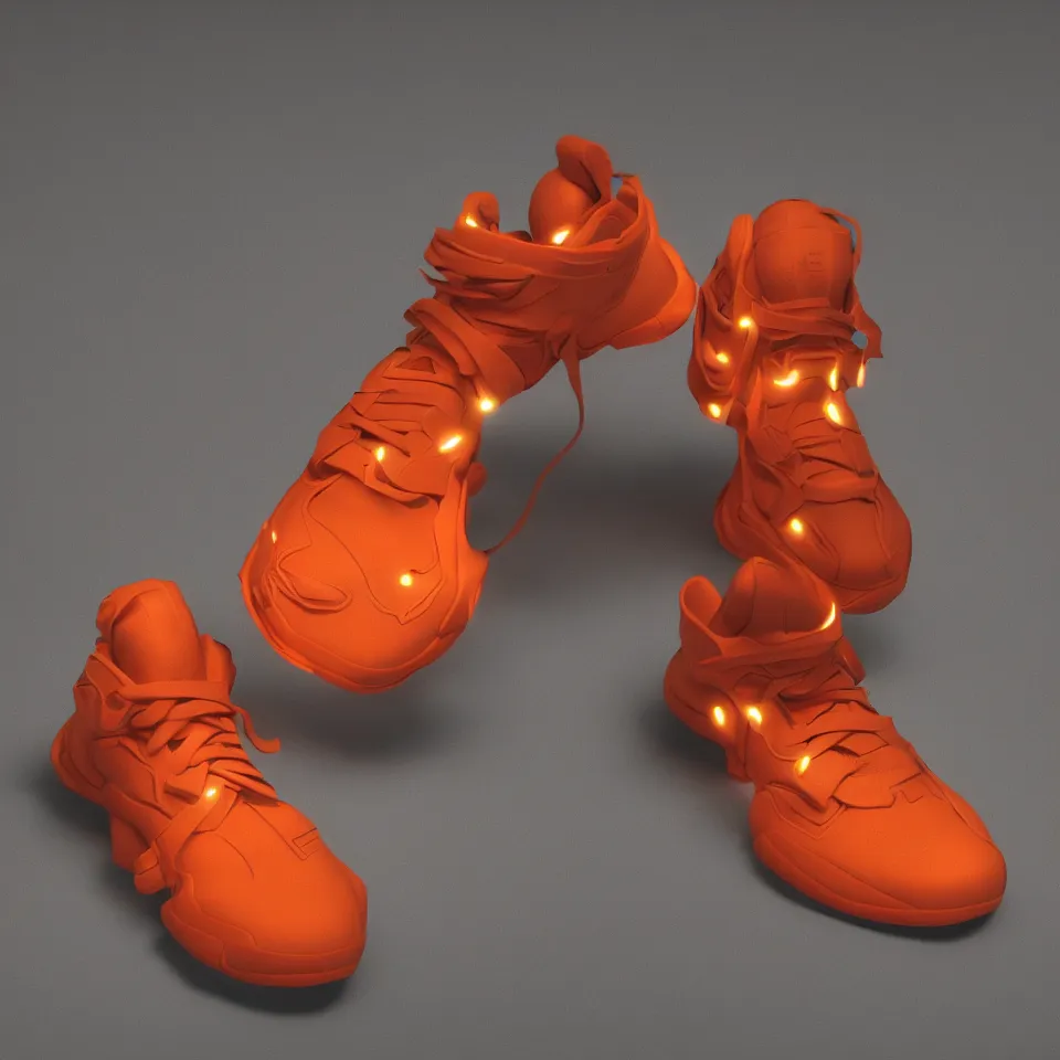 Prompt: realistic 8 k sculpture of a cyberpunk sneaker with neon illuminated rubber soles and soft orange shoelaces, sitting on a textured grey surface, clean 3 d render, beautiful studio lighting, soft, sharp focus, cyberpunk, intricate detail, gold and red accents, soft rubber, octane render, trending on artstation, deviantart, art by hiroshi fujiwara