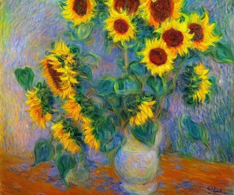 Prompt: sunflowers, monet, oil painting, bright colors, sunlight, happy, peaceful, serene, joy