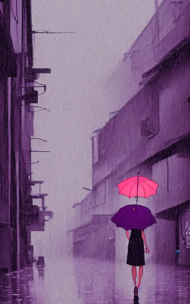 Image similar to a woman holding a purple umbrella walking on the wet street on a rainy night in a kyoto alley way by makoto shinkai and by wes anderson. dramatic lighting. cel shading.