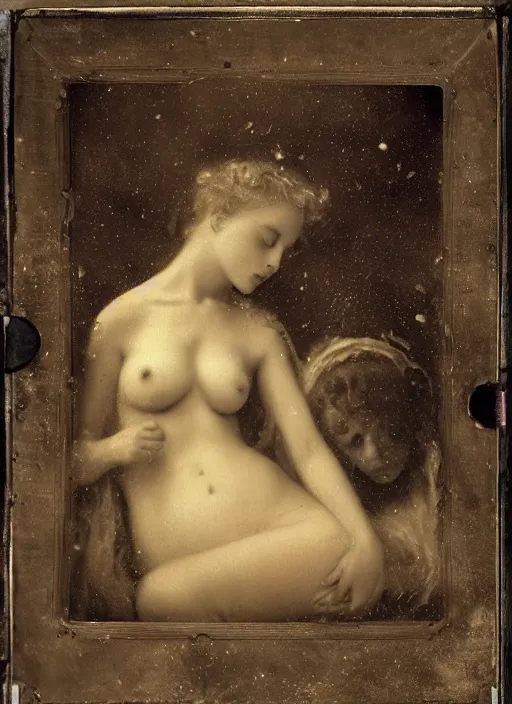 Image similar to old wetplate daguerreotype birth of venus in times of cholera, fractal, intricate, elegant, highly detailed, parallax, leica, medium format, subsurface scattering, by jheronimus bosch and greg rutkowski and louis jacques mande daguerre