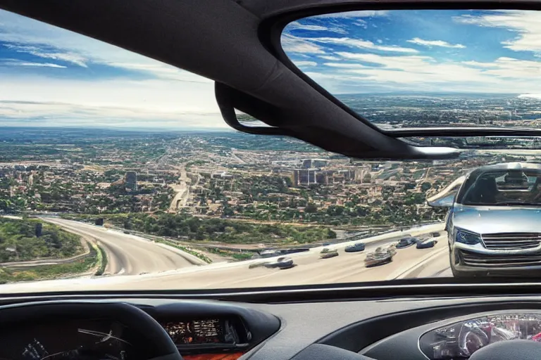 Image similar to a high-detailed picture from the inside of a driving autonomous car without people driving in a city, 8k, photo-realistic