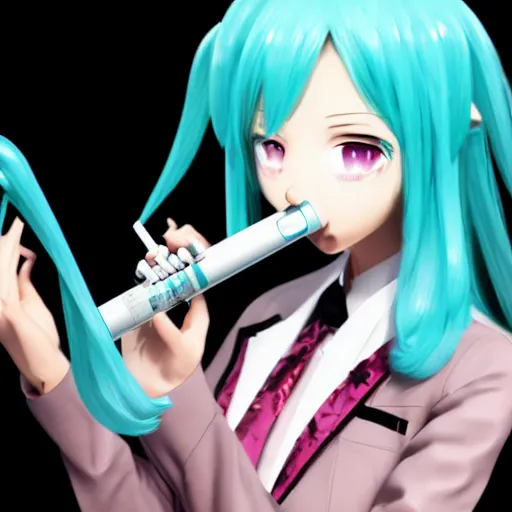 Image similar to hatsune miku smoking a vape pen in her right hand | smoke coming out of her mouth, artstation, 4 k