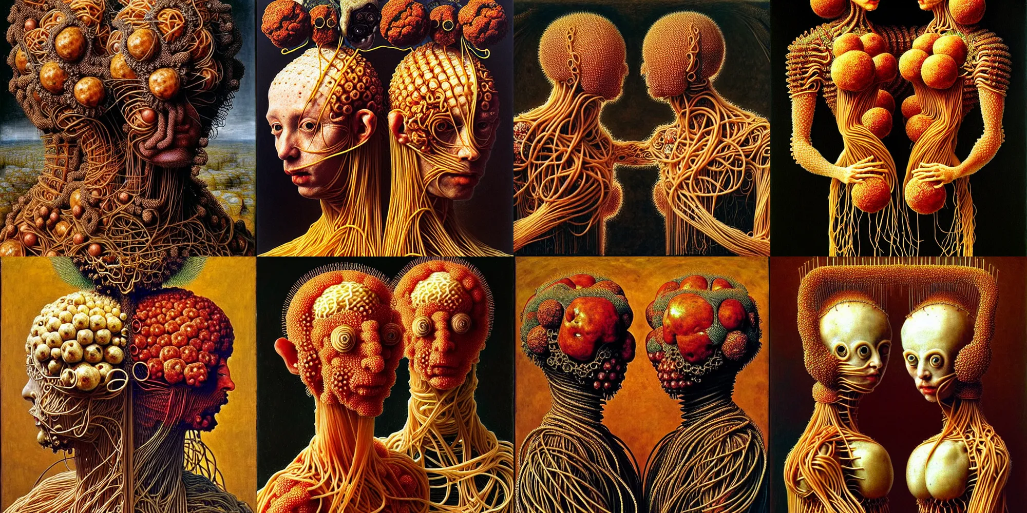 Prompt: siamese twins made of spaghetti, intricate and elegant armor made of fractals of spagetthi, details made of meatballs, by giuseppe arcimboldo and ambrosius benson, renaissance, intricate and intense oil paint, a touch of beksinski, realistic