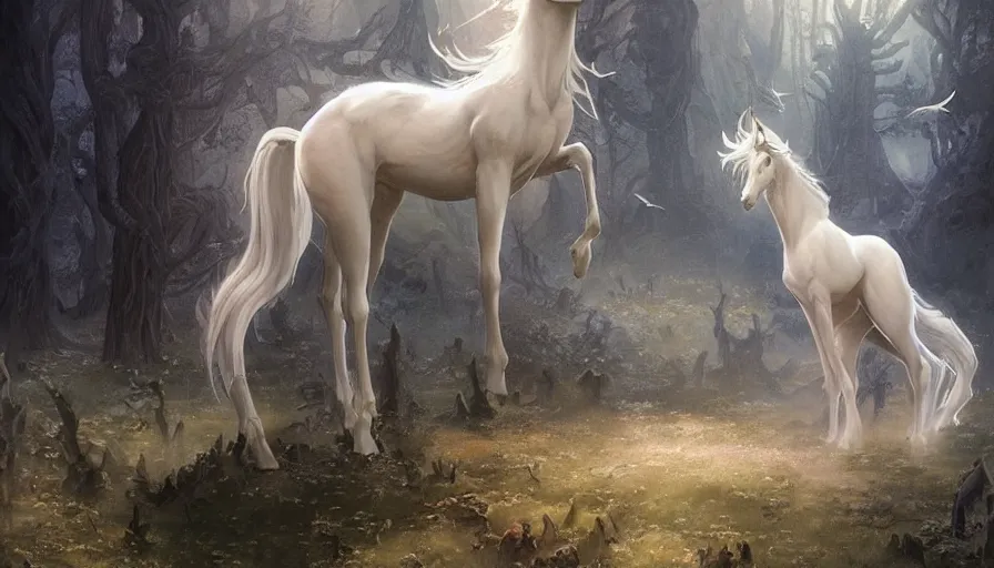 Prompt: a beautiful painting of the last unicorn, ray traced lighting by gerald brom and greg rutkowski