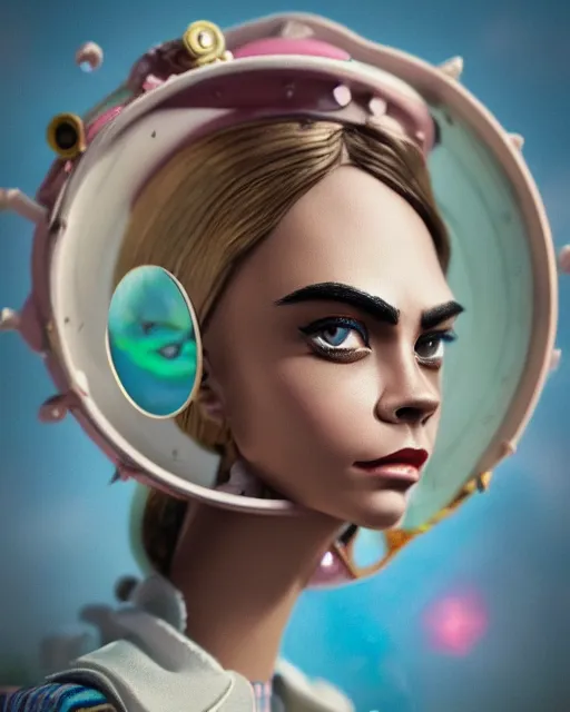 Prompt: closeup face profile portrait of cara delevingne as a tin toy flying saucer babe, bikini, depth of field, zeiss lens, detailed and intricate environment, fashion photoshoot by nicoletta ceccoli, mark ryden, lostfish, breathtaking, 8 k resolution, artistic, hyperrealistic, octane render