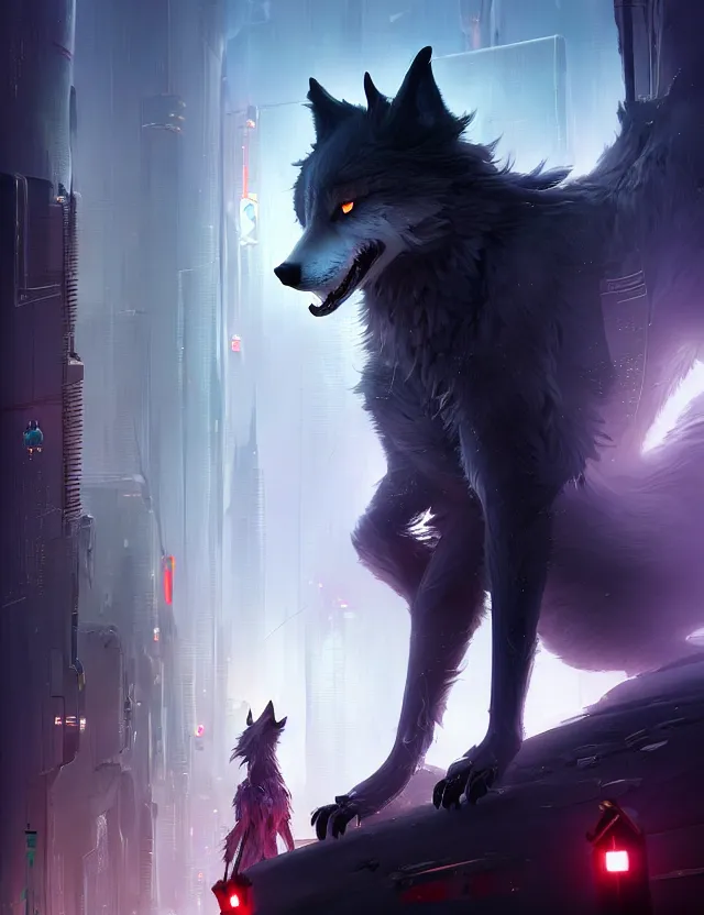 Prompt: beautiful dark gray anthropomorphic wolf with long red hair in a futuristic city. character design by cory loftis, fenghua zhong, ryohei hase, ismail inceoglu and ruan jia. artstation, volumetric light, detailed, photorealistic, fantasy, rendered in octane