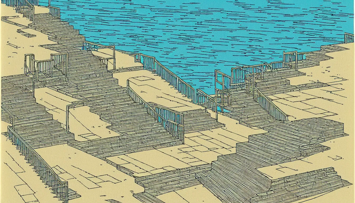 Image similar to stairs down to the beach by woodblock print, moebius