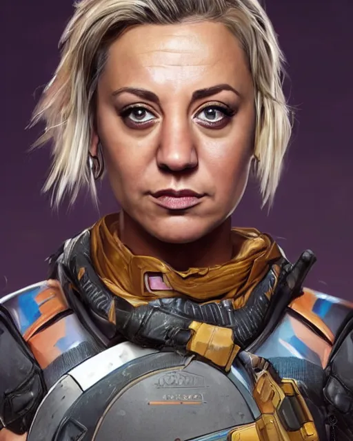 Prompt: Kaley cuoco as an Apex Legends character digital illustration portrait design by, Mark Brooks and Brad Kunkle detailed, gorgeous lighting, wide angle action dynamic portrait