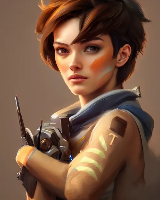 Prompt: play of the game of tracer, perfect face, brown hair, abs, cinematic, stunning, cute, adorable, strong, highly detailed, psychedelic, digital painting, artstation, smooth, hard focus, illustration, art by jessica rossier and and brian froud