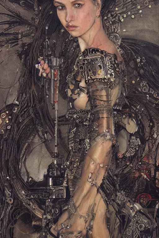 Image similar to portrait of beautiful young gothic maiden, cyberpunk, warhammer, highly detailed, artstation, illustration, art by gustav klimt