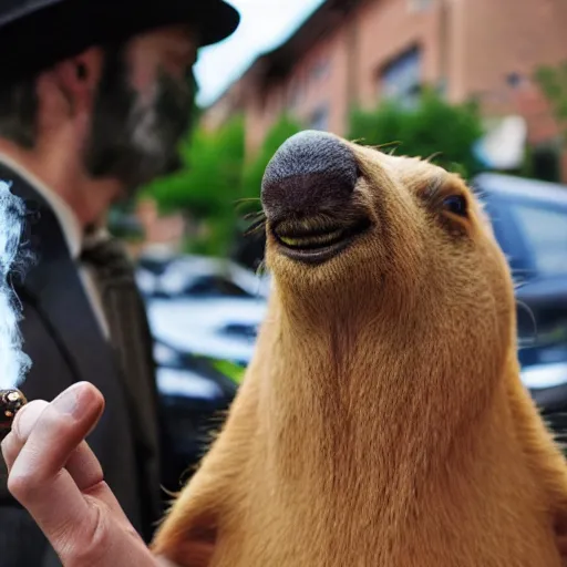 Image similar to smoking cigar, a man wearing a suit capybara head (smoking cigar)