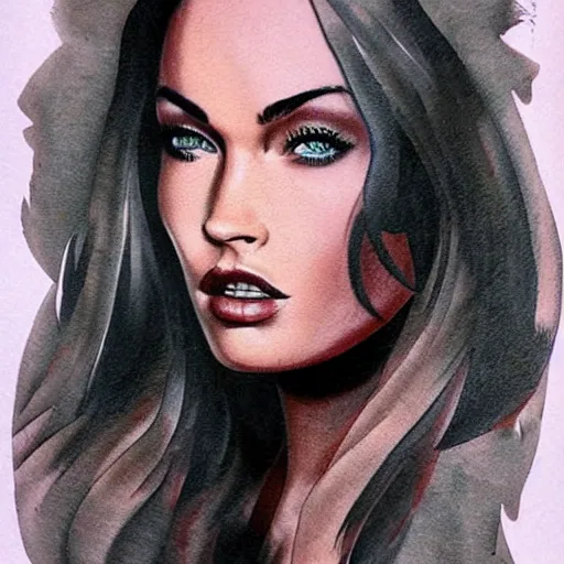 Prompt: tattoo sketch of megan fox's face shape created in amazing mountain scenery, in the style of dan mountford