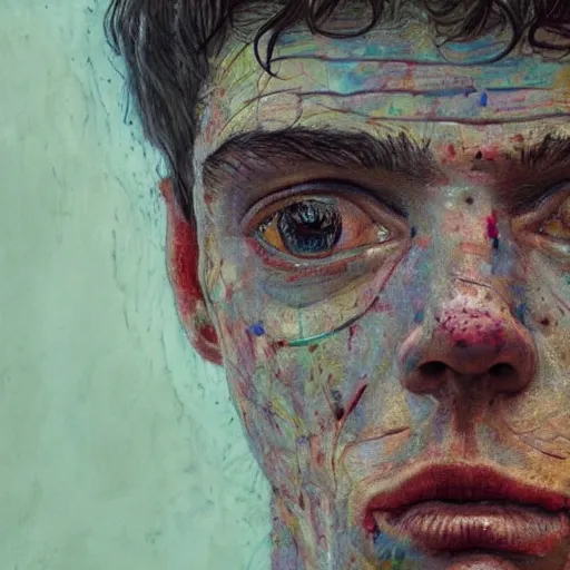 Prompt: a close up portrait of a sad starved soviet prisoner with sad eyes, slightly scarred and pitted, hyperrealistic, beautiful, detailed portrait, intricate complexity, by conrad roset and jean dubuffet and daniel johnston and giacometti, muted pastel colors, wlop, 4 k, beautiful, cinematic dramatic atmosphere, very realistic, soft