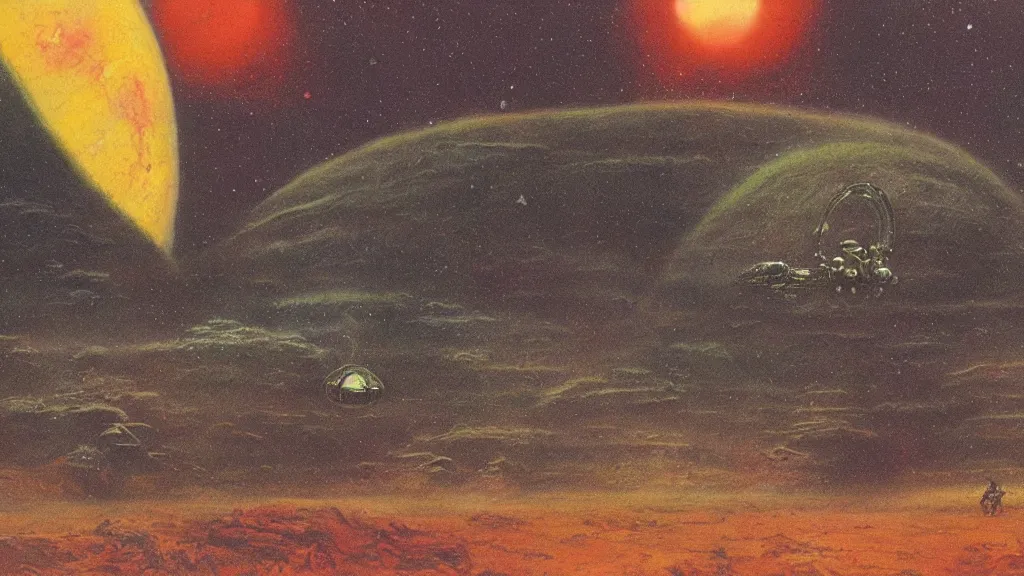 Image similar to eerie atmospheric alien planet with a small dropship pod landing by jack gaughan and bob eggleton and chris moore, epic cinematic matte painting