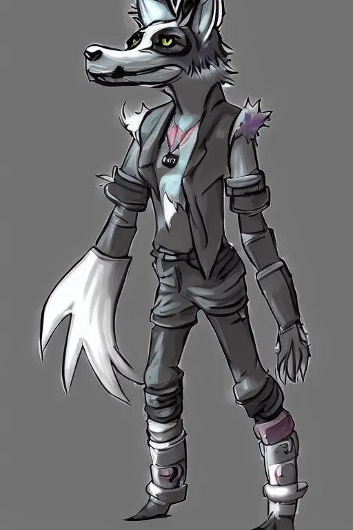 Image similar to a cyberpunk anthropomorphic wolf with a fluffy tail, comic art, trending on furaffinity, cartoon, kawaii, backlighting, furry art!!!, neon, concept art