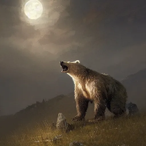 Prompt: A were-bear, roaring at the Moon, fantasy art by Greg Rutkowski