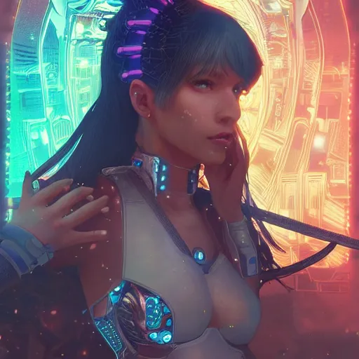 Image similar to portrait futuristic cyber warrior girl goddess, in future cyberpunk tokyo rooftop, ssci - fi, fantasy, intricate, very very beautiful, elegant, neon light, highly detailed, digital painting, artstation, concept art, smooth, 8 k, sharp focus, illustration, art by alphonse mucha and tian zi and wlop