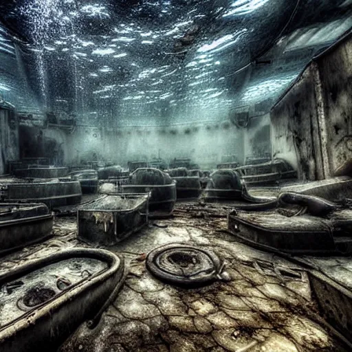 Image similar to abandoned rusty underwater theme park, surreal, horror, eerie, creepy, murky water, underwater, underwater photography,